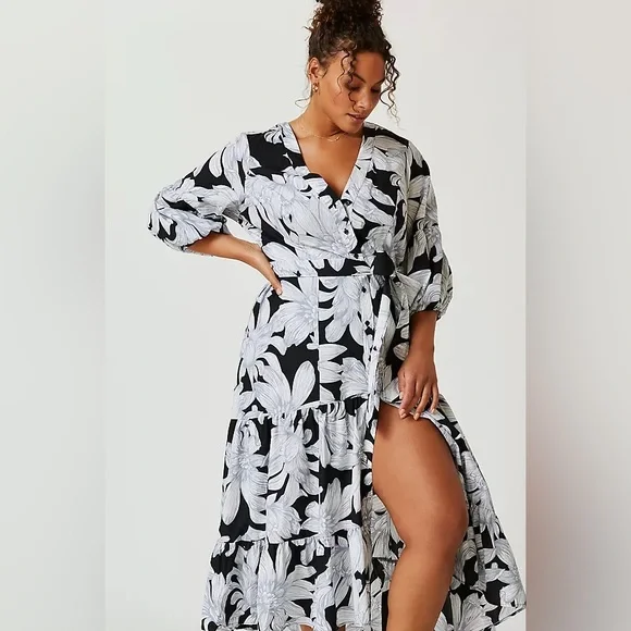 Anthropologie Maeve Puff Sleeve Midi Dress Belted Toe Waist Sz 12 - Picture 1 of 5